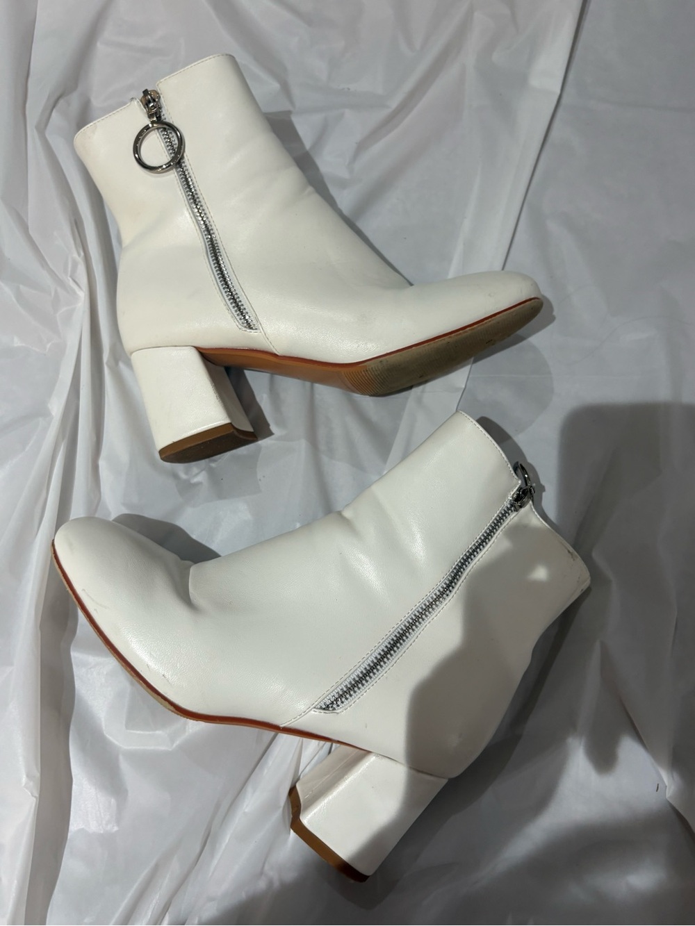 White Women's Block Heel Ankle Boots with Side Zip